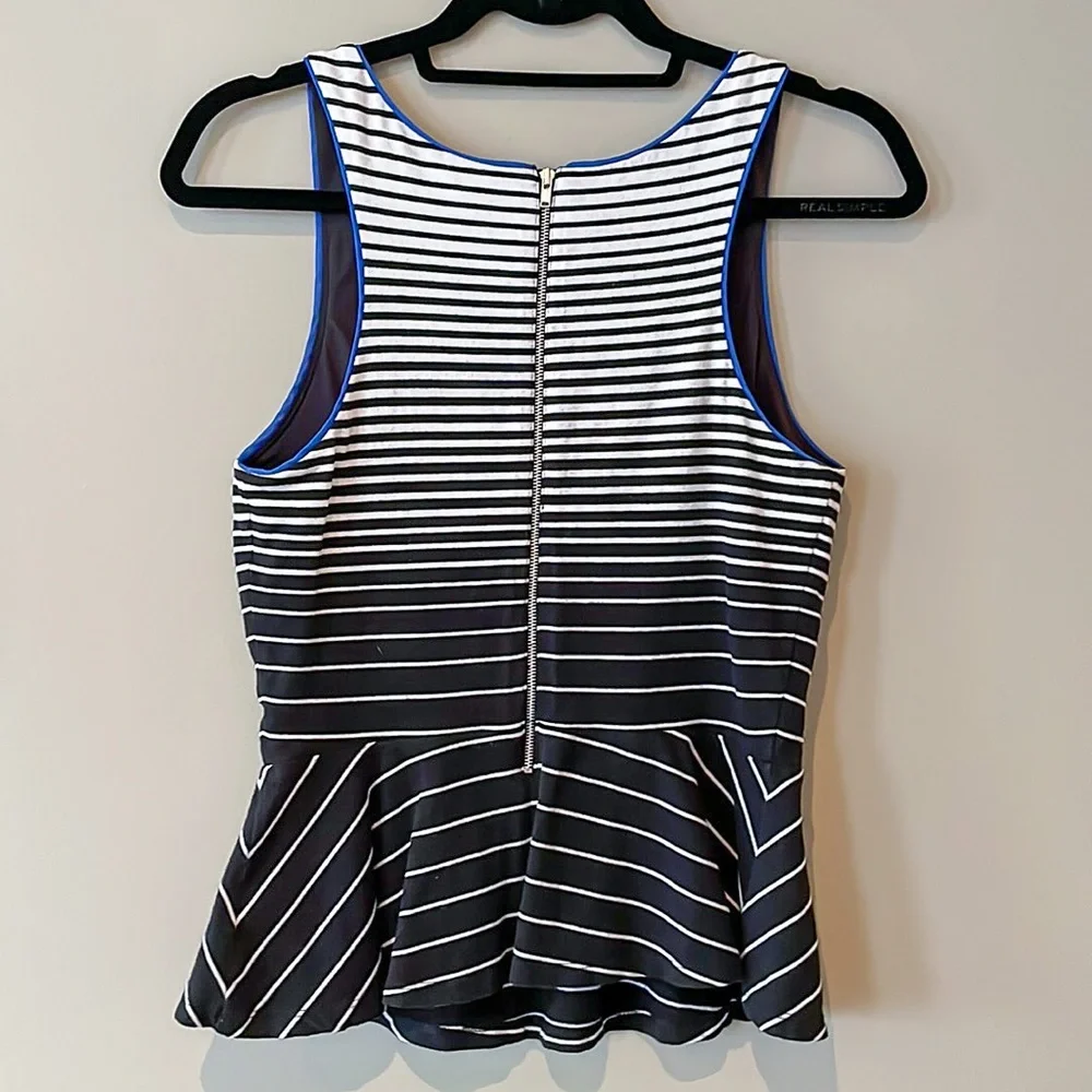 Express Black White Striped Peplum Tank Top Small Stretch Sleeveless Zip Back